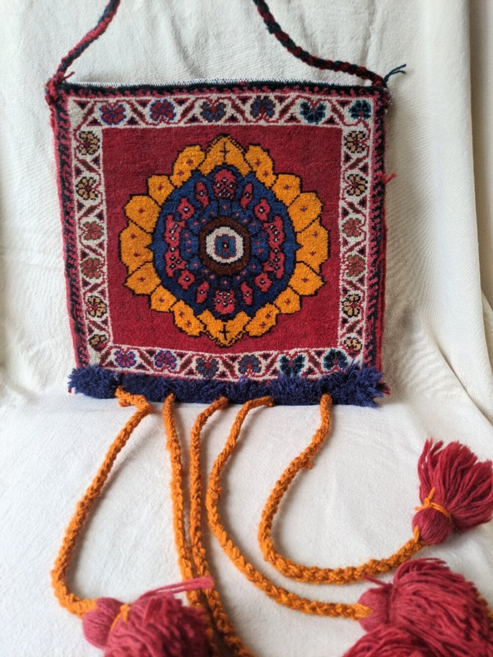Vintage Handmade Persian Saddle Bag Kilim Carpet Bag Wool Pouch With Tassels